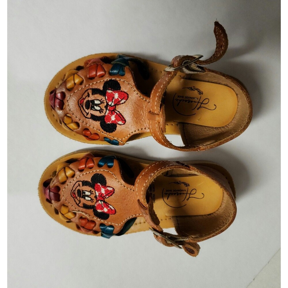 Handmade Girls Leather Huarache Sandals Size 6C Multicolor Mouse Embroidered